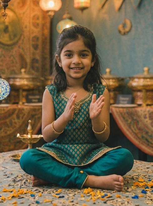 Aayat, Aveer’s elder sister, sitting cross-legged in a teal kurta and smiling at the camera.